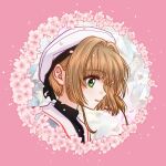  1girl blush brown_hair cardcaptor_sakura cherry_blossoms close-up flower_wreath green_eyes heeragijawa kinomoto_sakura pink_background profile sailor_collar short_hair smile solo white_hat white_sailor_collar 