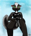 absurd_res anthro black_body black_fur breasts chickenhare_and_the_hamster_of_darkness clothed clothing digital_media_(artwork) female fur green_eyes hi_res latex latex_clothing looking_at_viewer mammal meg_(chickenhare) mephitid ruinslynx skunk smile solo tail