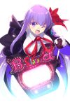  1girl bb_(fate) bb_(fate/extra) black_coat blush breasts coat collared_shirt echo_(circa) fate/extra fate/extra_ccc fate/grand_order fate_(series) gloves hair_ribbon large_breasts long_hair long_sleeves looking_at_viewer neck_ribbon one_eye_closed open_clothes open_coat open_mouth popped_collar purple_eyes purple_hair red_ribbon ribbon shirt slot_machine smile solo very_long_hair white_gloves white_shirt wide_sleeves 