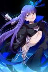  1girl armored_boots black_jacket blue_eyes blue_ribbon blush boots breasts cropped_jacket echo_(circa) fate/extra fate/extra_ccc fate/grand_order fate_(series) hair_ribbon jacket long_hair long_sleeves looking_at_viewer meltryllis_(fate) navel open_mouth prosthesis prosthetic_leg purple_hair ribbon sleeves_past_fingers sleeves_past_wrists small_breasts smile solo very_long_hair 
