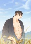  1boy 2496oyakodon abs bara bare_pectorals black_hair cowboy_shot fushiguro_touji japanese_clothes jujutsu_kaisen kimono looking_to_the_side male_focus mature_male muscular muscular_male navel official_alternate_costume open_clothes open_kimono pectorals scar scar_on_face scar_on_mouth short_hair sky solo sunlight 