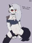 anthro balls blush bodily_fluids breasts canid canine clothed clothing collar digital_media_(artwork) english_text fur genitals girly hair helluva_boss hi_res legwear loona_(helluva_boss) male mammal penis red_eyes simple_background solo stockings tail text topwear white_body white_fur xise