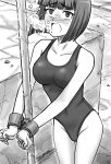  1girl absurdres air_bubble asphyxiation blush breasts bubble collarbone covered_nipples cuffed dated drowning greyscale highres looking_up medium_breasts monochrome one-piece_swimsuit open_mouth original pole saver_(artbysaver) short_hair swimsuit underwater wrist_cuffs 
