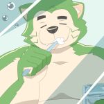 anthro brush brushing brushing_teeth canid canine canis domestic_dog eyebrows fur green_body green_fur hi_res lifewonders live_a_hero male mammal mirror mokdai shirtless solo thick_eyebrows toothbrush toothpaste toto3_official