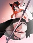 anthro anus ariannafray_pr big_breasts black_body black_fur blue_eyes border_collie breasts canid canine canis claws clothed clothing collie domestic_dog female fluffy fluffy_tail fur garter_straps hair herding_dog hi_res legwear looking_at_viewer looking_down looking_down_at_viewer low-angle_view mammal nipples orange_hair pastoral_dog sheepdog smile solo tail thigh_highs thong topless underwear worm&#039;s-eye_view