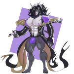 2024 abs alolin_(dislyte) anthro big_bulge big_muscles big_pecs black_body black_fur black_mane bottomless bulge cape claws clothed clothing demondragoncyan dislyte ear_piercing felid fur hi_res lilith_games lion male mammal mane muscular muscular_male nipples pantherine pecs piercing simple_background solo tail tail_tuft tuft underwear white_body white_fur