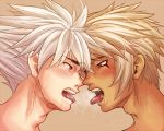  2boys adam&#039;s_apple blonde_hair blush dark_skin dark_skinned_male eyebrows_visible_through_hair eyeshadow kai_(talesrunner) looking_at_another makeup male_focus momota_(kinrara) multiple_boys open_mouth red_eyes rough_(talesrunner) saliva saliva_trail silver_hair simple_background spiked_hair sweat talesrunner teeth tongue tongue_out yaoi 