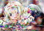  1girl alice_margatroid blonde_hair capelet collared_capelet dress glitch hair_between_eyes hair_over_eyes lying maid_headdress messy_hair necktie on_ground shoegaze tears touhou 