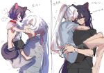  2girls ? absurdres age_progression aged_down animal_ears arms_around_neck black_shirt blue_eyes blush carrying carrying_person cat_ears chinese_commentary closed_mouth collar commentary_request ear_blush earrings expressionless grey_hoodie grey_shirt highres honkai_(series) honkai_impact_3rd hood hoodie jewelry kemonomimi_mode kiana_kaslana long_hair moonsun77773 multicolored_hair multiple_girls ponytail purple_eyes purple_hair raiden_mei red_hair shirt short_hair short_sleeves simple_background smile spoken_question_mark streaked_hair translation_request white_background white_hair white_shirt yuri 