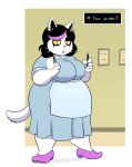  2018 anthro apron big_breasts breasts cat catti_(deltarune) clothed clothing deltarune dress ear_piercing english_text eyeshadow feline female footwear hair highlights looking_at_viewer makeup mammal notebook open_mouth pen piercing shoes simple_background solo standing text undertale video_games waiter whiskers wide_hips yellow_eyes yellowhellion 