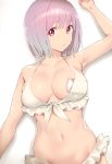  arm_up armpits bikini bob_cut breasts cellphone cleavage commentary_request eyebrows_visible_through_hair frilled_bikini frills front-tie_bikini front-tie_top halterneck highres in_swimsuit large_breasts looking_at_viewer navel nekoshoko parted_lips phone pink_eyes pink_hair shinjou_akane short_hair simple_background skindentation smartphone solo ssss.gridman stomach swimsuit white_background white_bikini 
