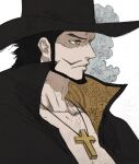  1boy bake_ryori beard black_hair black_hat closed_mouth collarbone commentary_request cross cross_necklace dracule_mihawk facial_hair hat hat_feather highres jewelry male_focus mustache necklace one_piece short_hair sideburns solo yellow_eyes 