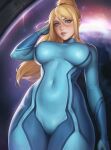  1girl blonde_hair blue_bodysuit blue_eyes bodysuit bootybear breasts highres huge_breasts impossible_bodysuit impossible_clothes lips long_hair looking_at_viewer metroid ponytail samus_aran signature skin_tight solo zero_suit 