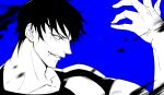  1boy 2496oyakodon black_hair blue_background evil_grin evil_smile fushiguro_touji greyscale_with_colored_background grin hand_up jujutsu_kaisen looking_ahead male_focus mature_male muscular muscular_male portrait profile scar scar_on_face scar_on_mouth short_hair smile solo 