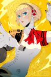  1girl aegis_(persona) android armband artist_name blonde_hair blue_eyes bow bowtie highres koyorin looking_at_viewer parted_lips persona persona_3 persona_3_reload red_bow red_bowtie red_lips robot_ears short_hair smoke solo upper_body yellow_background 