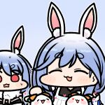  2girls animal_ear_fluff animal_ears blue_hair blush braid chibi closed_eyes don-chan_(usada_pekora) hololive jazz_jack long_hair lowres mature_female multiple_girls open_mouth pekomama pekomon_(usada_pekora) rabbit_ears rabbit_girl red_eyes smile thick_eyebrows usada_pekora virtual_youtuber 