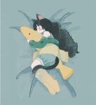  1girl animal-shaped_pillow animal_ears aqua_jacket artist_name bare_shoulders bed_sheet black_hair blue_shorts blush_stickers camisole cat_ears cat_girl cat_tail closed_eyes fish from_above full_body green_jacket green_shorts highres hugging_object jacket koeda long_hair long_sleeves lying off_shoulder on_side original pillow pillow_hug profile scarf shorts signature sleeping socks solo stuffed_animal stuffed_toy tail yellow_socks 