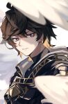  1boy absurdres ahoge angel_wings armor artist_logo artist_name breastplate brown_hair commentary_request expressionless feathered_wings granblue_fantasy hair_between_eyes highres hood hood_down light_rays looking_to_the_side lyrie_luna parted_lips red_eyes sandalphon_(granblue_fantasy) short_hair solo turtleneck upper_body white_wings wings 