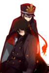  1boy 1girl belt black_cape black_hair black_hat black_jacket black_pants breasts brother_and_sister buttons cape echo_(circa) fate/grand_order fate_(series) fiery_hair gloves gun hat jacket koha-ace long_hair long_sleeves oda_nobukatsu_(fate) oda_nobunaga_(fate) oda_uri pants peaked_cap ponytail red_eyes red_jacket rifle siblings sidelocks small_breasts solo very_long_hair weapon white_gloves 