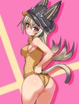  1girl adjusting_clothes adjusting_leotard animal_hat ass black_hair black_hat breasts brown_leotard cat_girl cat_hat cat_tail closed_mouth commentary cougar_(cougar1404) cowboy_shot english_commentary from_behind gradient_hair grey_hair hat leotard light_frown looking_at_viewer looking_back medium_breasts multicolored_hair original pink_background red_eyes ribbed_leotard shadow sleeveless solo standing tail turtleneck turtleneck_leotard 