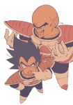  :p armor bald black_hair boots dragon_ball dragon_ball_z evil_smile facial_hair from_above frown full_body gloves hand_on_hip hands_up height_difference looking_at_viewer looking_away male_focus multiple_boys mustache nappa short_hair simple_background smile spiked_hair teeth tongue tongue_out vegeta white_background white_gloves 