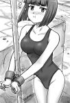  1girl absurdres air_bubble blush breasts bubble collarbone covered_nipples cuffed dated greyscale highres holding_breath looking_at_viewer medium_breasts monochrome motion_lines one-piece_swimsuit original pole saver_(artbysaver) short_hair swimsuit underwater wrist_cuffs 