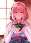  closed_mouth commentary_request cup fingerless_gloves fire_emblem fire_emblem_if gloves hairband highres pink_eyes pink_hair sakura_(fire_emblem_if) sh06512223 short_hair smile solo twitter_username upper_body white_gloves window 