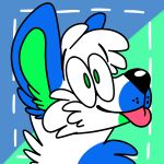 2017 ambiguous_form ambiguous_gender animated black_nose blep blue_body blue_fur canid canine digital_drawing_(artwork) digital_media_(artwork) eyebrows flat_colors fur green_eyes green_inner_ear green_markings headshot_portrait icon jaspering mammal markings pink_tongue portrait simple_background smile snout solo tongue tongue_out whisker_dots white_body white_fur wiggle