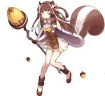  1girl acorn animal_ear_fluff animal_ears ark_order blush bow breasts brown_cape brown_dress brown_eyes brown_footwear brown_gloves brown_hair cape closed_mouth dress flats full_body fur-trimmed_cape fur_trim gloves hair_bow hairband holding holding_staff leg_warmers long_hair looking_at_viewer official_art pom_pom_(clothes) ratatoskr_(ark_order) red_bow rubbing_eyes sidelocks sleepy sleeveless sleeveless_dress small_breasts solo squirrel_ears squirrel_girl squirrel_tail staff tachi-e tail transparent_background two_side_up white_dress yellow_bow yellow_hairband yue_yue 