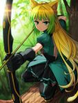  1girl ahoge animal_ear_fluff animal_ears arrow_(projectile) atalanta_(fate) bare_back black_gloves black_thighhighs blonde_hair blue_dress bow_(weapon) cat_ears cat_tail closed_mouth drawing_bow dress fate/apocrypha fate_(series) fon-due_(fonfon) forest gloves green_eyes green_hair highres holding holding_bow_(weapon) holding_weapon in_tree long_hair looking_at_viewer multicolored_hair nature short_sleeves solo tail thighhighs tree two-tone_hair weapon 