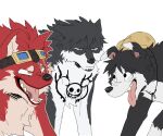  absurdres animal_focus animalization annoyed black_eyes black_fur commentary dog eustass_kid fangs floppy_ears frown goggles hat highres ks_lobos laughing laughing_wolves looking_at_another monkey_d._luffy multiple_dogs one_piece orange_eyes red_fur scar scar_across_eye scar_on_cheek scar_on_face simple_background straw_hat tongue tongue_out trafalgar_law unamused white_background white_footwear 