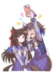  2girls animal_ears back_bow blue_hair blush bow bowtie brown_hair bug butterfly cellphone collared_shirt cowboy_shot daiichi_ruby_(umamusume) daitaku_helios_(umamusume) drill_hair ear_covers earrings fang flower hair_between_eyes hair_bow hair_flower hair_ornament height_difference highres horse_ears horse_girl horse_tail jewelry long_hair long_sleeves matching_outfits multicolored_hair multiple_girls nail_polish nose_blush one_eye_closed open_mouth phone pleated_skirt purple_eyes purple_shirt purple_skirt red_bow sailor_collar satomura_kyou shirt short_hair short_twintails sidelocks skirt smartphone smile streaked_hair tail twintails two-tone_shirt umamusume white_bow white_bowtie yellow_eyes 