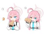  1girl absurdres ahoge black_gloves blue_archive blue_eyes blue_necktie blush bread chocolate_cornet collared_shirt eating fingerless_gloves food gloves halo heterochromia highres holding holding_food hoshino_(blue_archive) long_hair long_sleeves lucky_star multiple_views necktie pink_hair pink_halo shirt simple_background tongue tongue_out unli_free white_background white_shirt yellow_eyes 