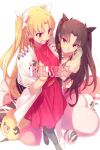 2girls bare_shoulders black_dress black_hair blonde_hair breasts dress dumuzid_(fate) earrings echo_(circa) ereshkigal_(bitter_sweet)_(fate) ereshkigal_(fate) fate/grand_order fate_(series) grin hair_ribbon heart hoop_earrings ishtar_(bitter_sweet)_(fate) ishtar_(fate) jacket jewelry long_hair long_sleeves medium_breasts multiple_girls necklace off_shoulder open_mouth pantyhose parted_bangs red_dress red_eyes ribbon sheep smile two_side_up white_jacket 