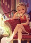  ;d absurdres arm_support ascot bangs bare_legs barefoot blonde_hair bow commentary couch crossed_legs crystal curtains day dress elbow_rest flandre_scarlet frilled_shirt_collar frills goback hair_bow hand_on_own_cheek hat highres indoors long_hair looking_at_viewer mob_cap on_couch one_eye_closed one_side_up open_mouth red_dress red_eyes red_ribbon ribbon sash shirt short_sleeves smile solo sunlight table teapot toenails touhou upper_teeth white_hat white_shirt wings yellow_neckwear 