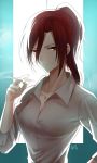  aozaki_touko bangs breasts cigarette closed_mouth collarbone collared_shirt commentary_request eyebrows_visible_through_hair fingernails gogatsu_fukuin hair_between_eyes hand_up high_ponytail highres holding holding_cigarette jewelry kara_no_kyoukai light_smile long_hair long_sleeves looking_at_viewer nail_polish orange_nails parted_bangs pendant ponytail red_eyes red_hair shirt signature small_breasts smoke solo upper_body v-shaped_eyebrows white_shirt 