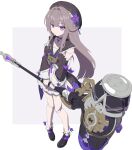  1girl absurdres beret brown_hair choker doll_joints dress expressionless flower full_body hair_flower hair_ornament hammer hat herta_(honkai:_star_rail) highres holding holding_hammer holding_weapon honkai:_star_rail honkai_(series) joints long_hair looking_at_viewer purple_choker purple_eyes sidelocks simple_background solo tonbon weapon white_background 