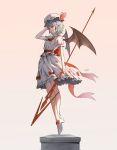  1girl bat_wings bow commentary footwear_bow full_body gradient_background grey_hair hat hat_ribbon high_heels highres looking_at_viewer mob_cap pink_background pointy_ears red_bow red_eyes red_ribbon remilia_scarlet ribbon shirt short_hair skirt solo spear_the_gungnir touhou white_footwear white_shirt white_skirt wings ycl_090 