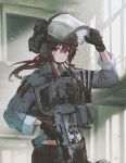  1girl ammunition_pouch belt brown_hair bulletproof_vest combat_helmet cropped_jacket face_shield grey_sweater gun h&amp;k_mp7 hair_between_eyes hair_ribbon hand_on_weapon helmet highres indoors long_bangs looking_at_viewer magazine_(weapon) midriff optical_sight original pouch red_ribbon ribbon short_shorts shorts smile solo submachine_gun sweater tactical_clothes termichan_(not-a-bot) tuziki_sang weapon 