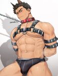  1boy abs animal_ears bara bdsm biceps black_male_underwear bondage bound brown_eyes brown_hair bulge chain chain_leash chest_harness closed_mouth collar fangs frown harness highres leash male_focus male_underwear muscular muscular_male nipples original pants pectorals restrained rio_mukiniki scar scar_on_cheek scar_on_face shadow simple_background sweat thick_eyebrows underwear white_background 