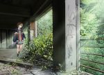  brown_eyes brown_hair building graffiti leaves original ruins sakeharasu scenic seifuku short_hair signed skirt 