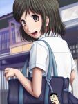  1girl :d anago bag bag_charm blurry blurry_background brown_eyes brown_hair charm_(object) day looking_at_viewer looking_back medium_hair original outdoors phazer sazae-san school_bag school_uniform shirt short_sleeves smile standing white_shirt 