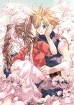  1boy 1girl aerith_gainsborough arestear0701 artist_name bare_shoulders blonde_hair blue_eyes blue_pants blue_shirt blurry blurry_foreground braid braided_ponytail breasts brown_hair cherry_blossoms choker cleavage closed_eyes cloud_strife colored_eyelashes couple cropped_jacket dress falling_petals final_fantasy final_fantasy_vii final_fantasy_vii_rebirth final_fantasy_vii_remake hair_between_eyes hair_ribbon hanami hand_on_another&#039;s_cheek hand_on_another&#039;s_face hand_on_another&#039;s_waist hetero highres hugging_own_legs imminent_kiss jacket long_dress long_hair medium_breasts pants parted_bangs petals pink_dress pink_petals pink_ribbon red_jacket ribbon ribbon_choker shirt short_hair short_sleeves sidelocks single_braid sitting sitting_on_lap sitting_on_person sleeveless sleeveless_turtleneck smile spiked_hair turtleneck wavy_hair 