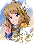  ahoge artist_name blue_eyes blunt_bangs brown_hair butterfly_ornament dated dot_nose eyelashes feather_hair_ornament feathers frilled_shirt frilled_shirt_collar frilled_sleeves frills hair_ornament happy_birthday heart idolmaster idolmaster_million_live! idolmaster_million_live!_theater_days ima_(lm_ew) looking_at_viewer official_alternate_costume shirt short_hair sidelocks simple_background smile suou_momoko teeth upper_body 