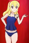  aikatsu! bare_shoulders bikini closed_mouth foreshortening hairband hand_on_hip happy hoshimiya_ichigo legs looking_at_another looking_at_viewer mound_of_venus oustretched_hand red_background swimsuits tankini 