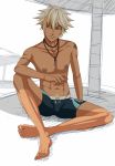  1boy abs barefoot beach blonde_hair briefs bulge dark_skin dark_skinned_male eyeshadow feet hairy_legs jewelry kai_(talesrunner) leg_up legs looking_away makeup male_focus momota_(kinrara) necklace nipples pubic_hair red_eyes simple_background sitting smile solo spiked_hair spread_legs summer talesrunner tattoo topless underwear 