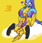 &lt;3 2018 anthro areola avian balls beak big_breasts biped bird blue_feathers blush boob_hat breasts claws clothing cloud cockatiel cockatoo digital_drawing_(artwork) digital_media_(artwork) disembodied_hand duo erection eyebrows eyelashes feathered_wings feathers female food_creature hi_res huge_breasts humanoid_penis male male/female mr.ink_(artist) multicolored_feathers nipples non-mammal_breasts nude open_mouth parrot penis precum simple_background size_difference smile tail_feathers talons toe_claws toes voluptuous wings yellow_feathers 
