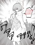  1girl blush bow cloak commentary_request crowd emphasis_lines ginnkei hair_bow holding holding_microphone long_sleeves microphone open_mouth partially_colored red_eyes sekibanki short_hair skirt spoken_blush sweatdrop touhou 