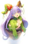  1girl bandage_over_one_eye bandaged_head bandages blush breasts center_opening echo_(circa) fate/extra fate/extra_ccc fate/extra_ccc_fox_tail fate/grand_order fate_(series) flower flower_pot giant giantess hair_flower hair_ornament horns kingprotea_(fate) kingprotea_(second_ascension)_(fate) long_hair looking_at_viewer moss open_mouth purple_eyes purple_hair small_breasts soil solo translation_request very_long_hair 