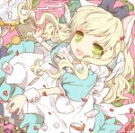  1girl :d alice_(alice_in_wonderland) alice_in_wonderland animal_ears apron aqua_dress bad_drawr_id bad_id blonde_hair bow card cat_ears clock coffee_cup cup disposable_cup dress flower green_eyes hair_bow head_wings long_hair looking_at_viewer meiriel open_mouth pink_background playing_card pocket_watch puffy_short_sleeves puffy_sleeves short_sleeves sidelocks smile solo sugar_cube tea teacup teapot teeth upper_teeth_only watch white_apron white_wrist_cuffs wings wrist_cuffs 